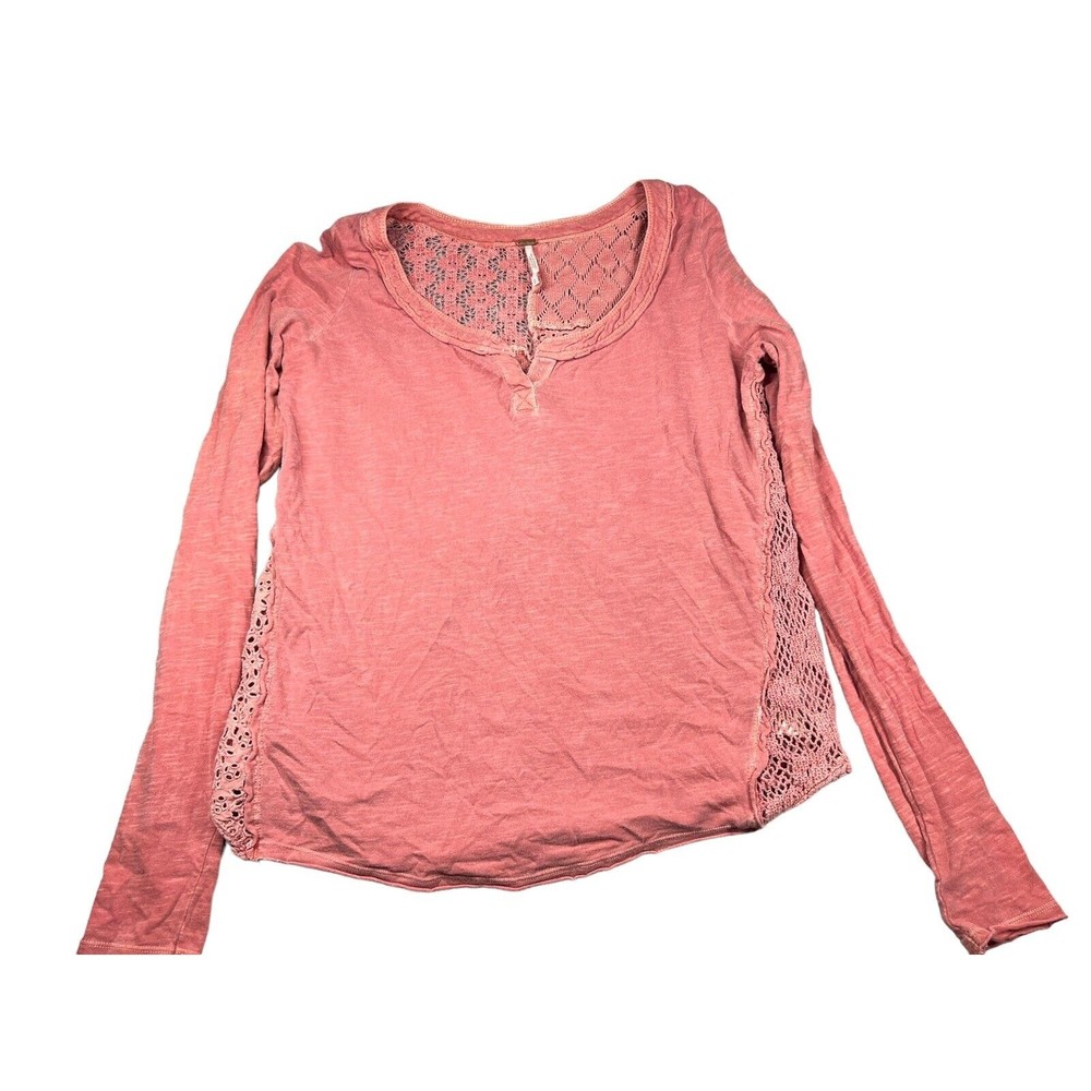 Free People SMALL Mauve Pink Long Sleeve Blouse Embroidered Sunwashed Boho Shaby